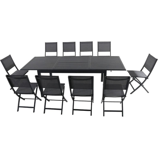 Hanover Outdoor Dining Set Hanover - Cameron11pc: 10 Aluminum Sling Folding Chairs, 63-94" Alum Extension Table
