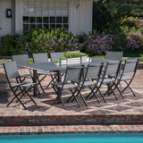 Hanover Outdoor Dining Set Hanover - Cameron11pc: 10 Aluminum Sling Folding Chairs, 63-94" Alum Extension Table - CAMDN11PCFD-GRY