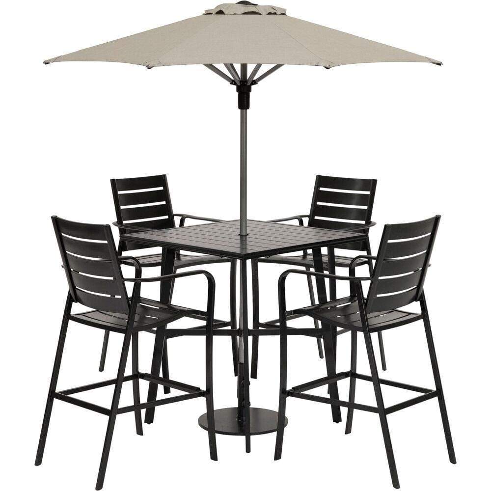 Hanover Outdoor Dining Set Hanover - Cortino 5 piece Counter Height Dining: 4 Slat Chairs 42" Slat Table, Umbrella & Base CORTDN5PCSBR-SU