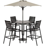 Hanover Outdoor Dining Set Hanover - Cortino 5 piece Counter Height Dining: 4 Slat Chairs 42" Slat Table, Umbrella & Base CORTDN5PCSBR-SU