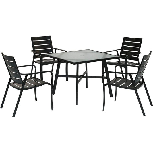 Hanover Outdoor Dining Set Hanover - Cortino 5pc Dining Set: 4 Alum Slat Dining Chairs and 1 38" Sq Glass Tbl CORTDN5PCG