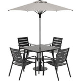 Hanover Outdoor Dining Set Hanover - Cortino 5pc Dining Set: 4 Slat Dining Chairs, 30" Sq Slat Tbl, Umb & Base CORTDN5PCS-SU