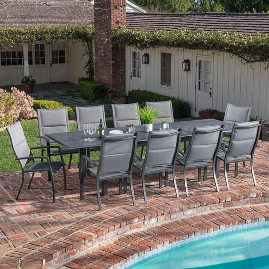 Hanover Outdoor Dining Set Hanover - Dawson 11-Piece Dining Set with 10 Padded Sling Chairs and an Expandable 40" x 118" Table