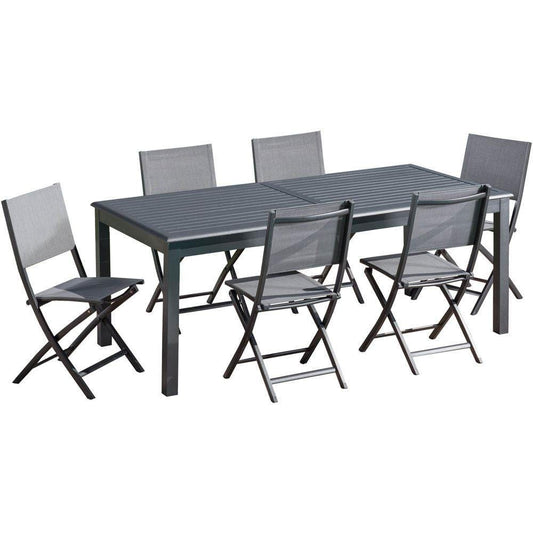 Hanover Outdoor Dining Set Hanover Dawson 7-Piece Dining Set with 6 Folding Sling Chairs and an Expandable 40" x 118" Table - DAWDN7PCFD-GRY