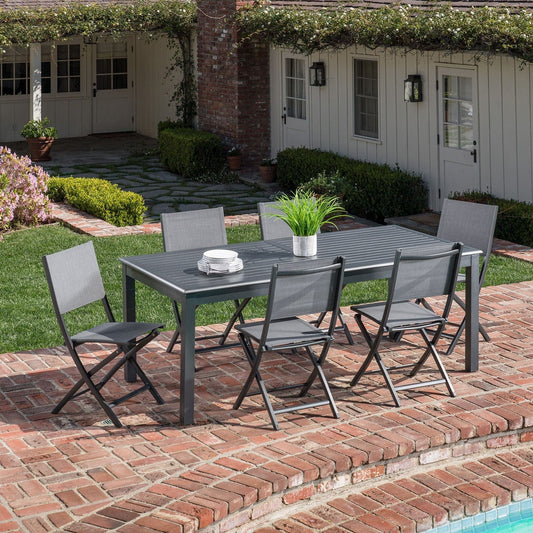 Hanover Outdoor Dining Set Hanover Dawson 7 Piece Dining Set with 6 Folding Sling Chairs and an Expandable 40" x 118" Table | DAWDN7PCFD-GRY