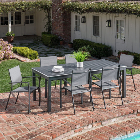 Hanover Outdoor Dining Set Hanover Dawson 7-Piece Dining Set with 6 Sling Chairs and an Expandable 40" x 118" Table | DAWDN7PC-GRY