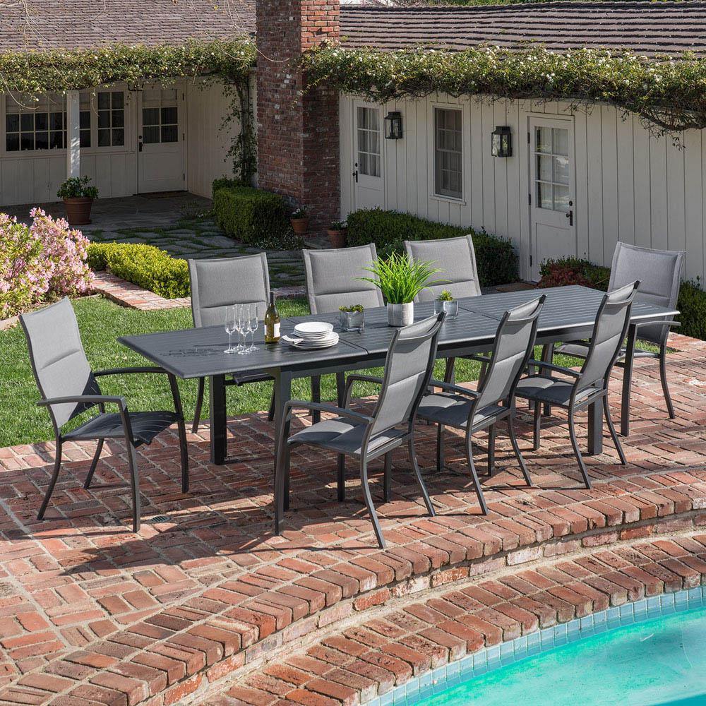 Hanover Outdoor Dining Set Hanover Dawson 9-Piece Dining Set with 8 Padded Sling Chairs and an Expandable 40" x 118" Table - DAWDN9PCHB-GRY