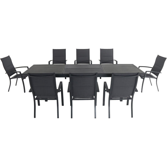 Hanover Outdoor Dining Set Hanover Dawson 9 Piece Dining Set with 8 Padded Sling Chairs and an Expandable 40" x 118" Table | DAWDN9PCHB-GRY