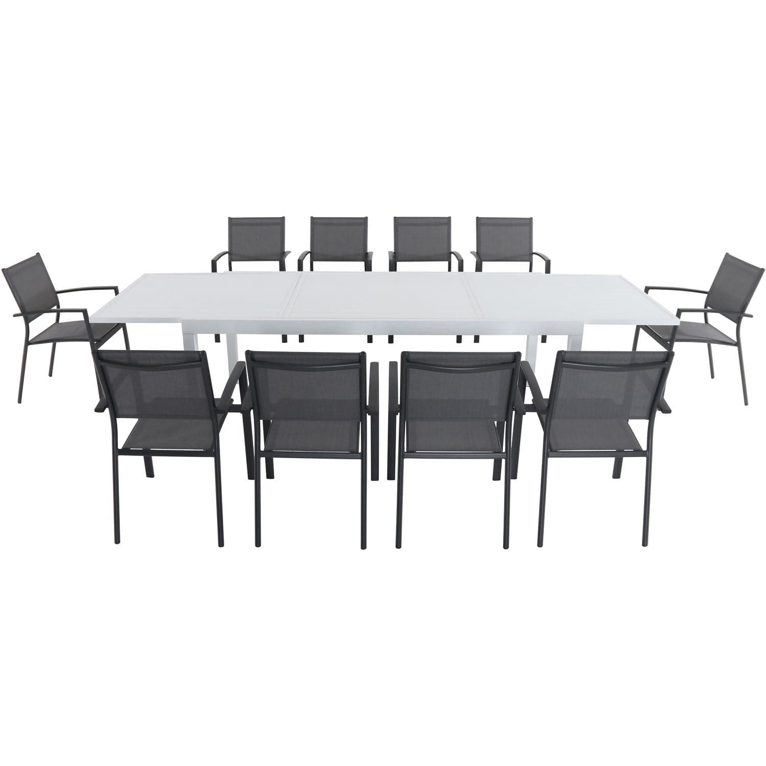 Hanover Outdoor Dining Set Hanover Del Mar 11 Piece Outdoor Dining Set with 10 Sling Chairs in Gray and a 40" x 118" Expandable Dining Table | DELDN11PC-WG