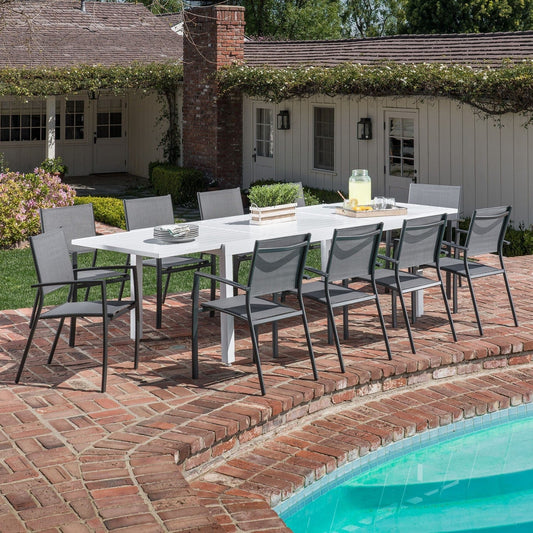 Hanover Outdoor Dining Set Hanover Del Mar 11 Piece Outdoor Dining Set with 10 Sling Chairs in Gray and a 40" x 118" Expandable Dining Table | DELDN11PC-WG