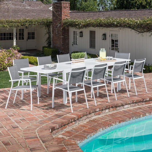 Hanover Outdoor Dining Set Hanover Del Mar 11 Piece Outdoor Dining Set with 10 Sling Chairs in Gray/White and a 40" x 118" Expandable Dining Table  DELDN11PC-WW