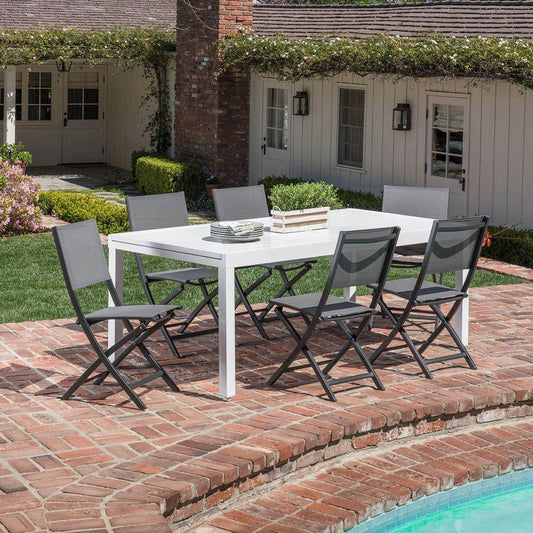 Hanover Outdoor Dining Set Hanover Del Mar 7-Piece Outdoor Dining Set with 6 Folding Sling Chairs in Gray and a White 40" x 118" Expandable Dining Table - DELDN7PCFD-WG