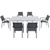 Hanover Outdoor Dining Set Hanover- Del Mar 7 Piece Outdoor Dining Set with 6 Sling Chairs in Gray and a 40" x 118" Expandable Dining Table  | DELDN7PC-WG