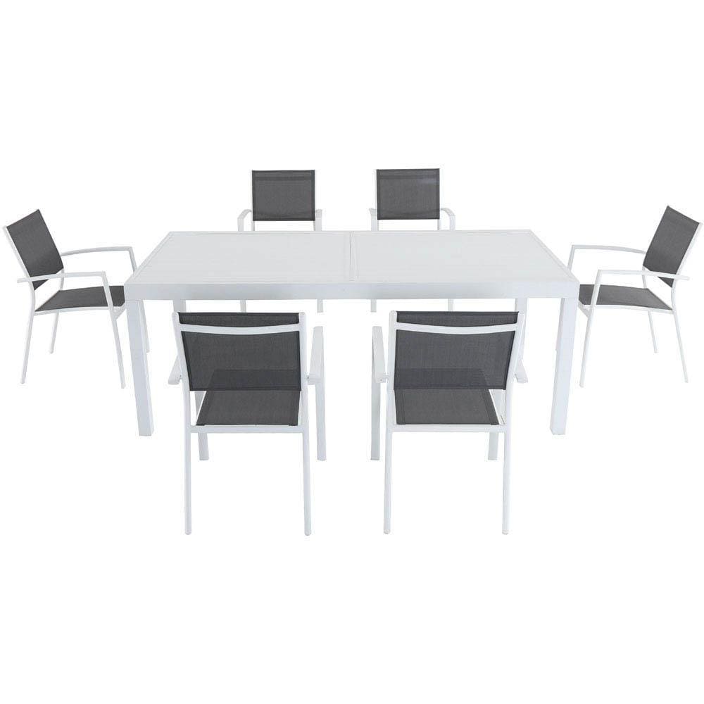 Hanover Outdoor Dining Set Hanover Del Mar 7-Piece Outdoor Dining Set with 6 Sling Chairs in Gray/White and a 40" x 118" Expandable Dining Table - DELDN7PC-WW