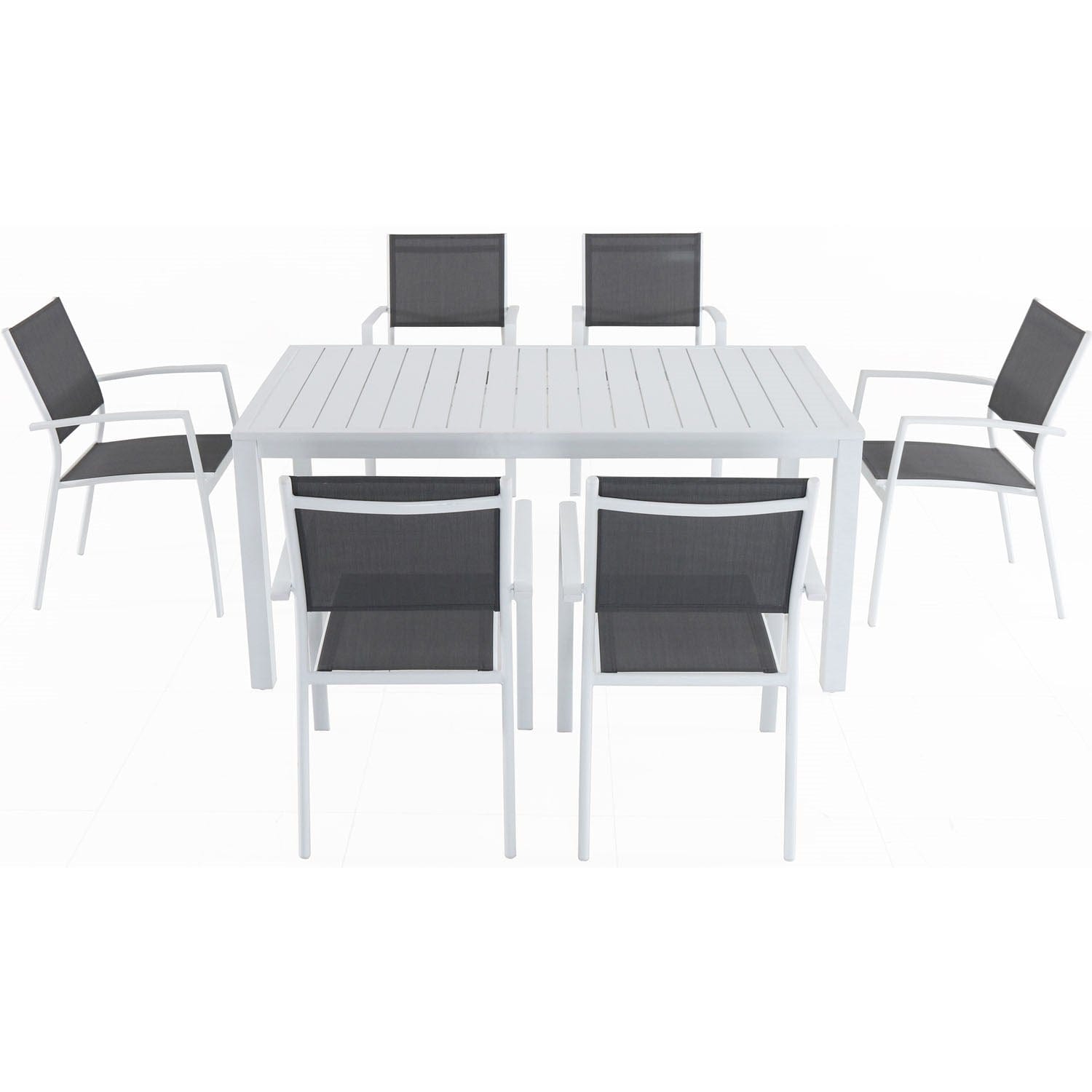 Hanover Outdoor Dining Set Hanover Del Mar 7 Piece Outdoor Dining Set with 6 Sling Chairs in Gray/White and a 63" x 35" Dining Table | DELDNS7PC-WW