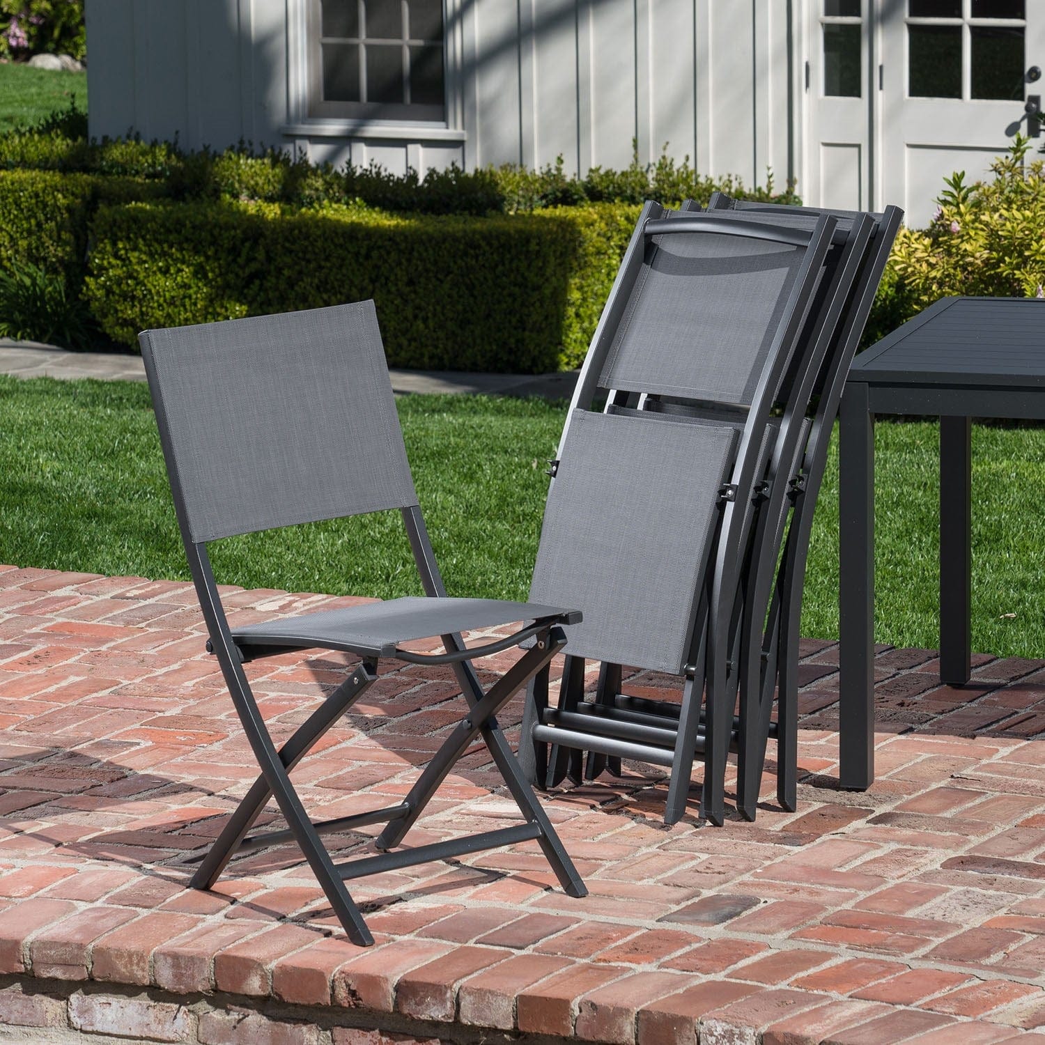 Hanover Outdoor Dining Set Hanover Del Mar 9-Piece Outdoor Dining Set with 8 Folding Sling Chairs in Gray and a White 40" x 118" Expandable Dining Table | DELDN9PCFD-WG