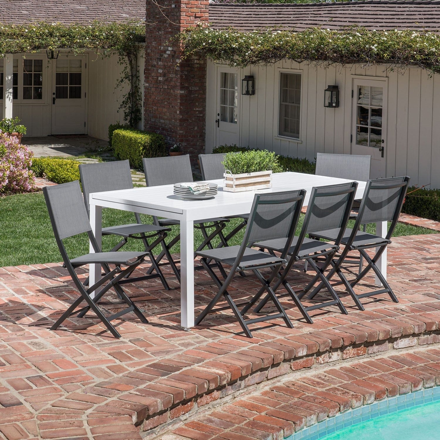 Hanover Outdoor Dining Set Hanover Del Mar 9 Piece Outdoor Dining Set with 8 Folding Sling Chairs in Gray and a White 40" x 118" Expandable Dining Table | DELDN9PCFD-WG