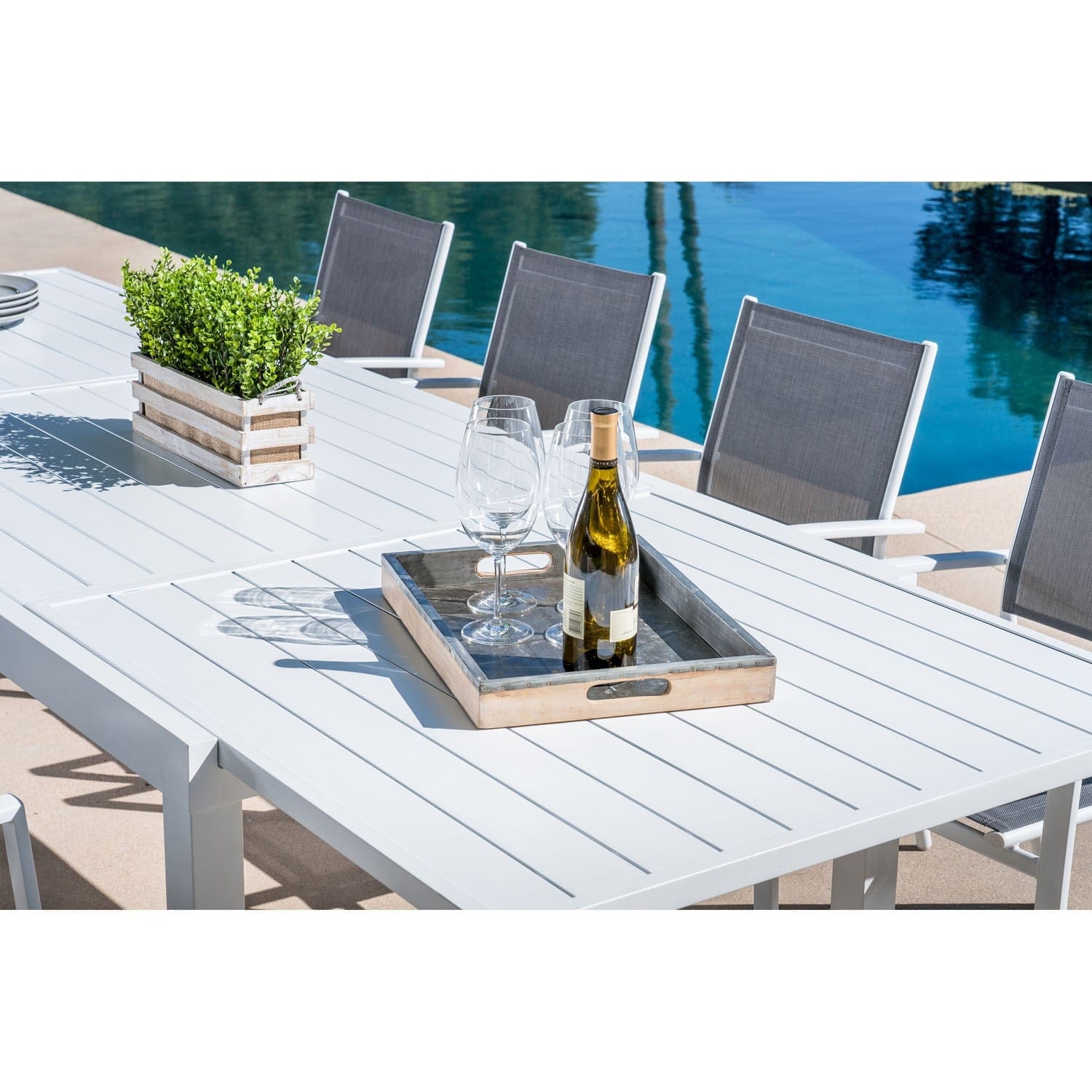 Hanover Outdoor Dining Set Hanover Del Mar 9 Piece Outdoor Dining Set with 8 Sling Chairs in Gray/White and a 40" x 118" Expandable Dining Table | DELDN9PC-WW