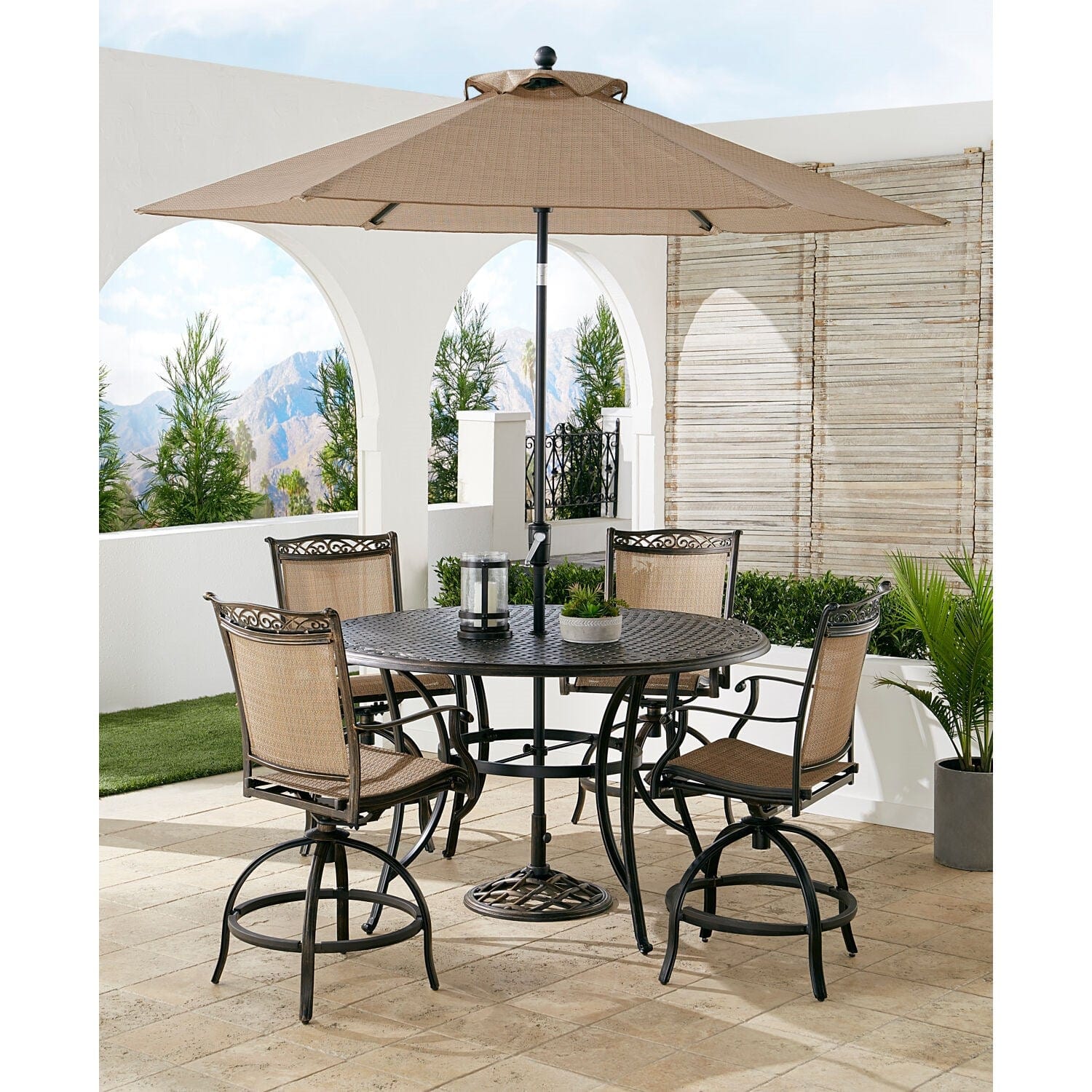 Hanover Outdoor Dining Set Hanover Fontana 5-Piece High-Dining Set in Tan with 4 Counter-Height Swivel Chairs, 56-in. Cast-top Table, Umbrella and Umbrella Base | FNTDN5PCPBRC-SU