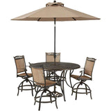 Hanover Outdoor Dining Set Hanover Fontana 5-Piece High-Dining Set in Tan with 4 Counter-Height Swivel Chairs, 56-in. Cast-top Table, Umbrella and Umbrella Base, FNTDN5PCPBRC-SU