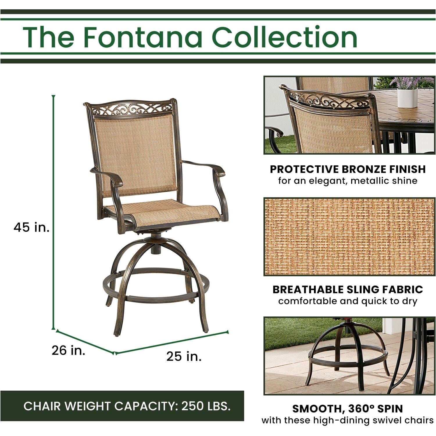 Hanover Outdoor Dining Set Hanover Fontana 5-Piece High-Dining Set in Tan with 4 Counter-Height Swivel Chairs and a 56-in. Cast-top Table | FNTDN5PCPBRC