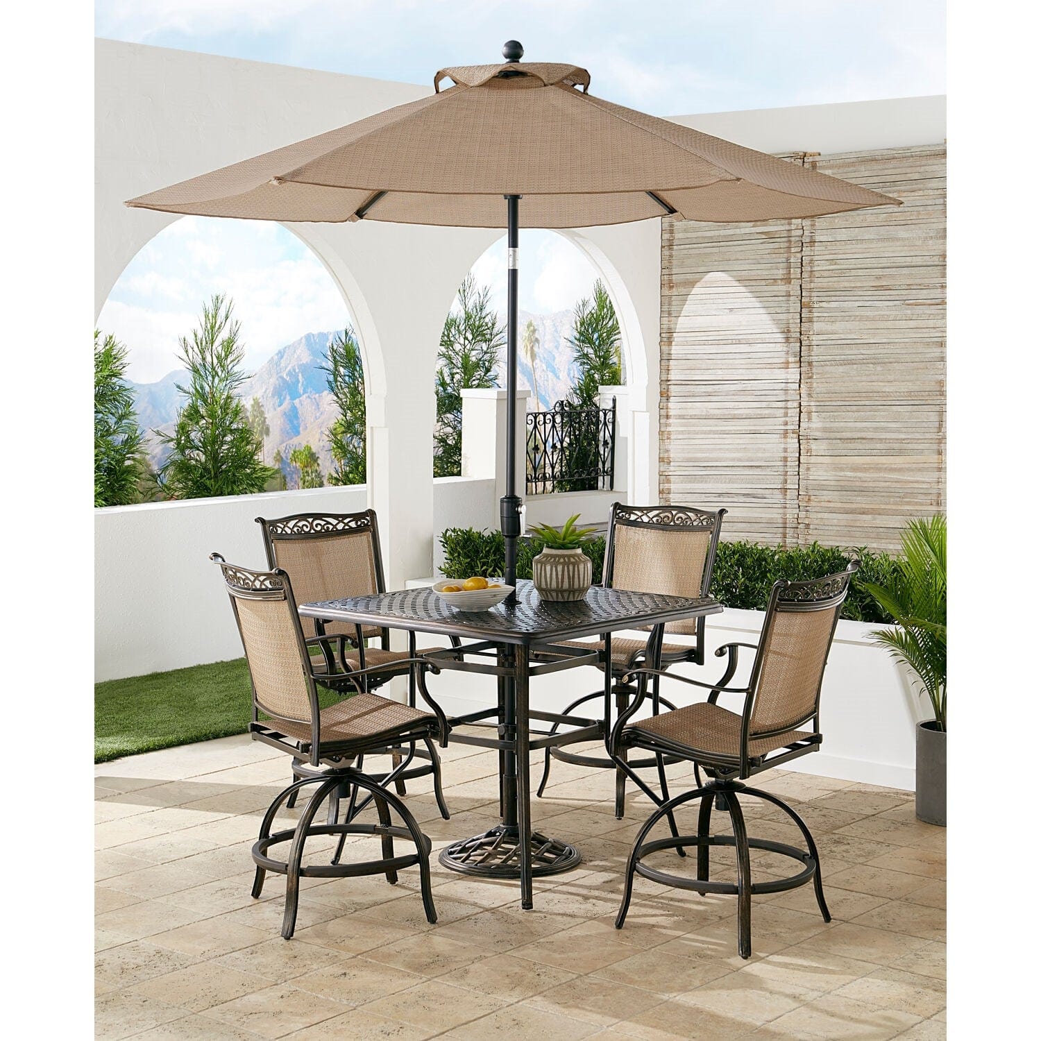 Hanover Outdoor Dining Set Hanover Fontana 5-Piece High-Dining Set with 4 Counter-Height Swivel Chairs, 42-in. x 42-in. Cast-Top Table, Umbrella and Base | FNTDN5PCPSQBR-SU