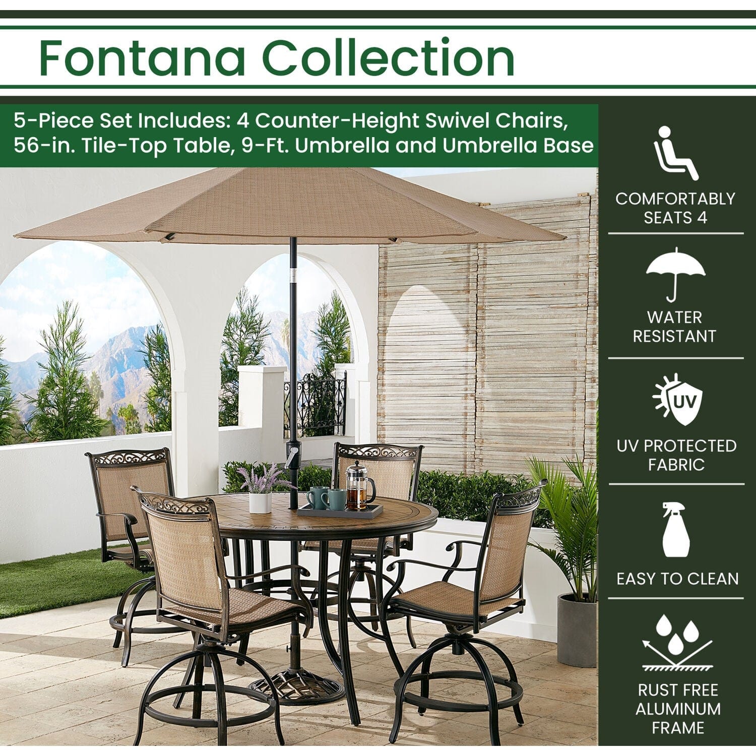 Hanover Outdoor Dining Set Hanover Fontana 5-Piece High-Dining Set with 4 Counter-Height Swivel Chairs, 56-in. Tile-Top Table, 9-Ft. Umbrella and Umbrella Base | FNTDN5PCPBRTN-SU