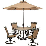 Hanover Outdoor Dining Set Hanover Fontana 5-Piece Outdoor Dining Set with Four Sling Swivel Rockers, a 51 In. Tile-top Dining Table and a 9 Ft. Table Umbrella - FNTDN5PCSWTN-SU