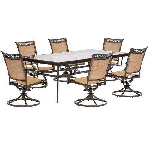 Hanover Outdoor Dining Set Hanover - Fontana 7-Piece Dining Set with Six Sling Swivel Rockers and an Extra Large Glass-top Dining Table