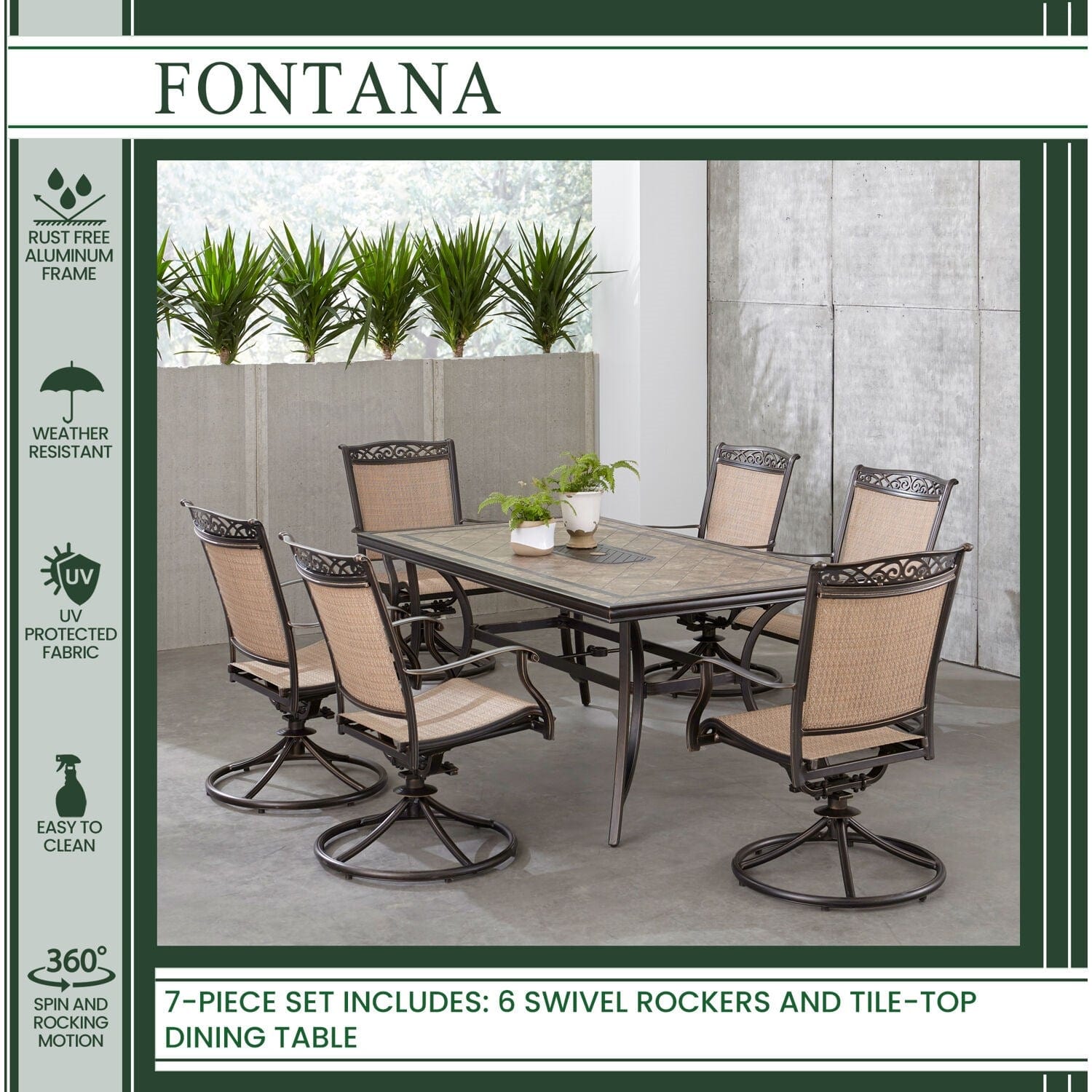 Hanover Outdoor Dining Set Hanover - Fontana 7-Piece Dining Set with Six Swivel Rockers and a Large Tile-Top Dining Table | FNTDN7PCSWTN