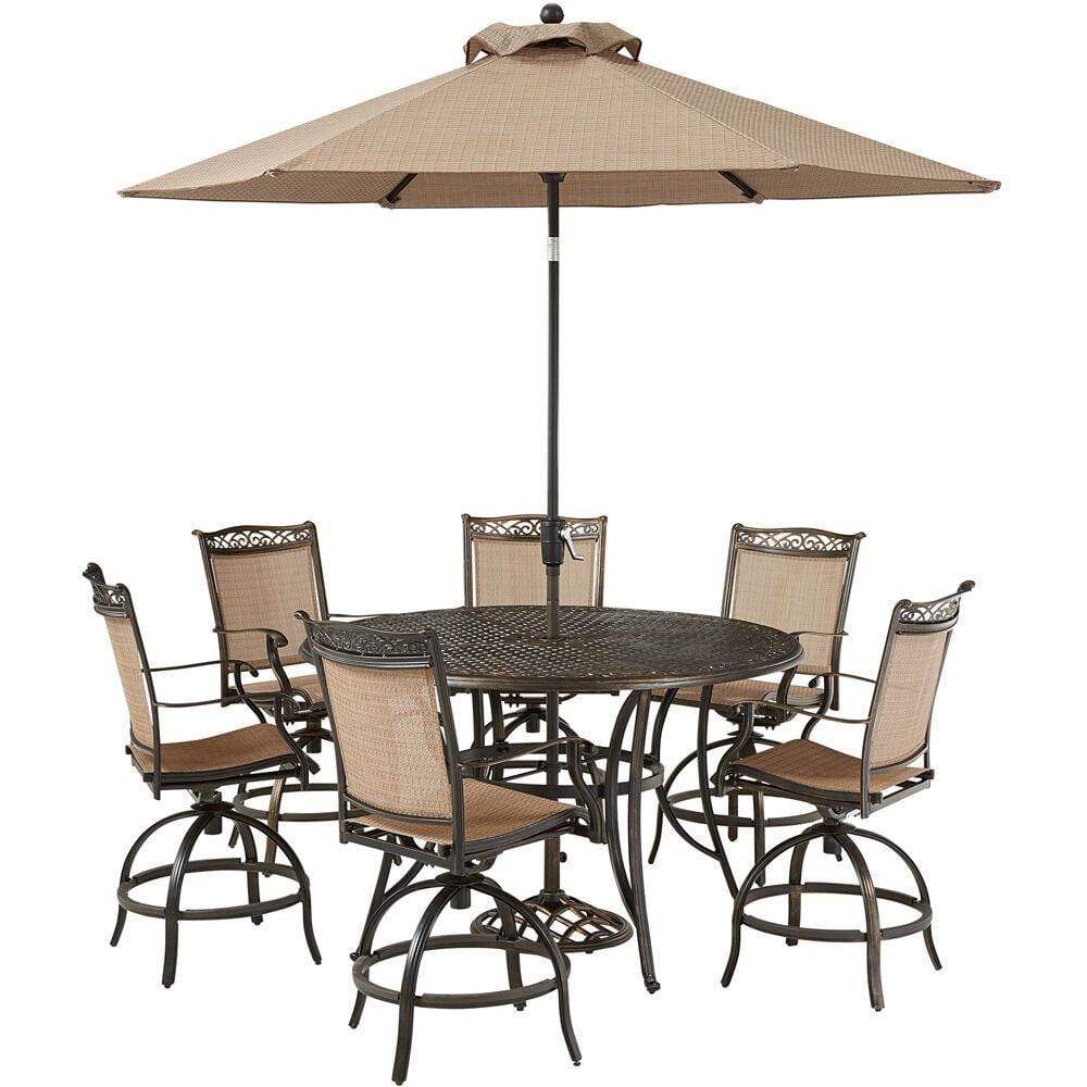 Hanover Outdoor Dining Set Hanover Fontana 7-Piece High-Dining Set with 6 Counter-Height Swivel Chairs, 56-In. Cast-Top Table, Umbrella and Umbrella Base, FNTDN7PCPBRC-SU