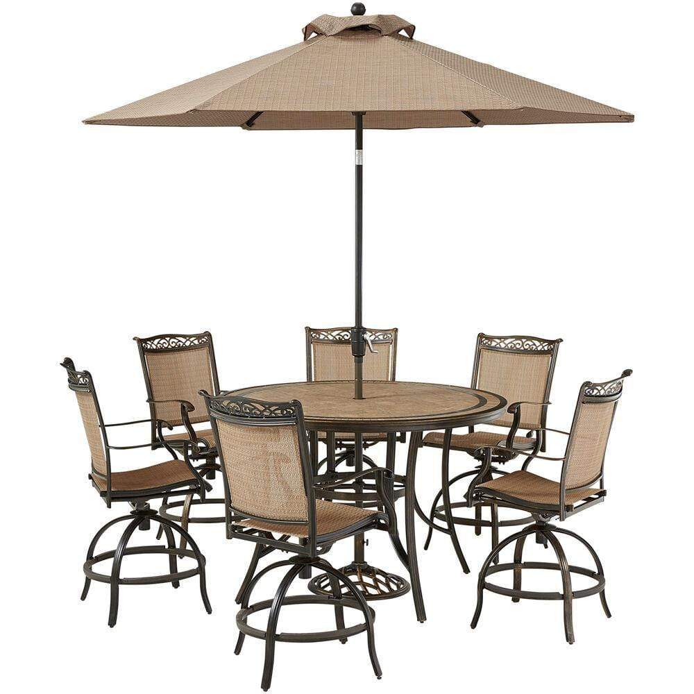 Hanover Outdoor Dining Set Hanover Fontana 7-Piece High-Dining Set with 6 Counter-Height Swivel Chairs, 56-in. Tile-Top Table, Umbrella and Umbrella Base, FNTDN7PCPBRTN-SU