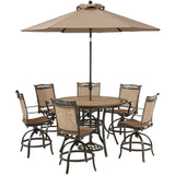Hanover Outdoor Dining Set Hanover Fontana 7-Piece High-Dining Set with 6 Counter-Height Swivel Chairs, 56-in. Tile-Top Table, Umbrella and Umbrella Base, FNTDN7PCPBRTN-SU