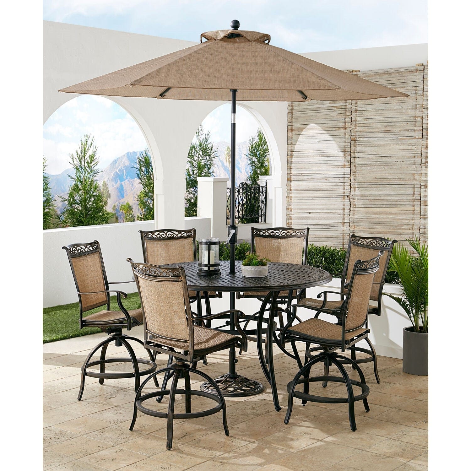 Hanover Outdoor Dining Set Hanover- Fontana 7 Piece High-Dining Set with 6 Counter-Height Swivel Chairs | 56-Inch Cast-Top Table | Umbrella and Umbrella Base | FNTDN7PCPBRC-SU