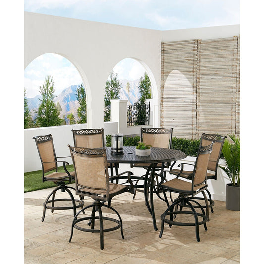 Hanover Outdoor Dining Set Hanover Fontana 7 Piece High-Dining Set with 6 Counter-Height Swivel Chairs and a 56-in. Cast-Top Table | FNTDN7PCPBRC