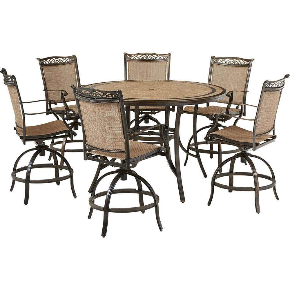 Hanover Outdoor Dining Set Hanover Fontana 7-Piece High-Dining Set with 6 Counter-Height Swivel Chairs and a 56-in. Tile-Top Table, FNTDN7PCPBRTN