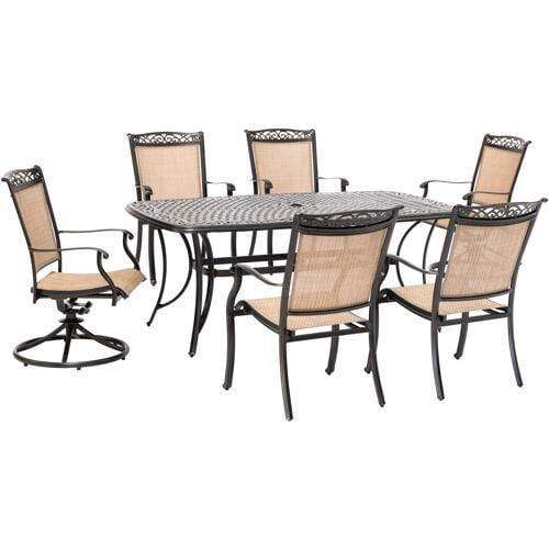 Hanover Outdoor Dining Set Hanover - Fontana 7-Piece Outdoor Dining Set with 2 Sling Swivel Rockers, 4 Sling Chairs, and a 38-In. x 72-In. Cast-Top Table