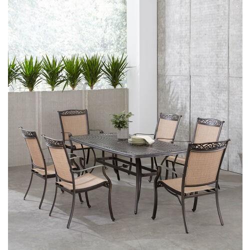 Hanover Outdoor Dining Set Hanover Fontana 7-Piece Outdoor Dining Set with 6 Sling Chairs and a 38-In. x 72-In. Cast-Top Table - FNTDN7PCC