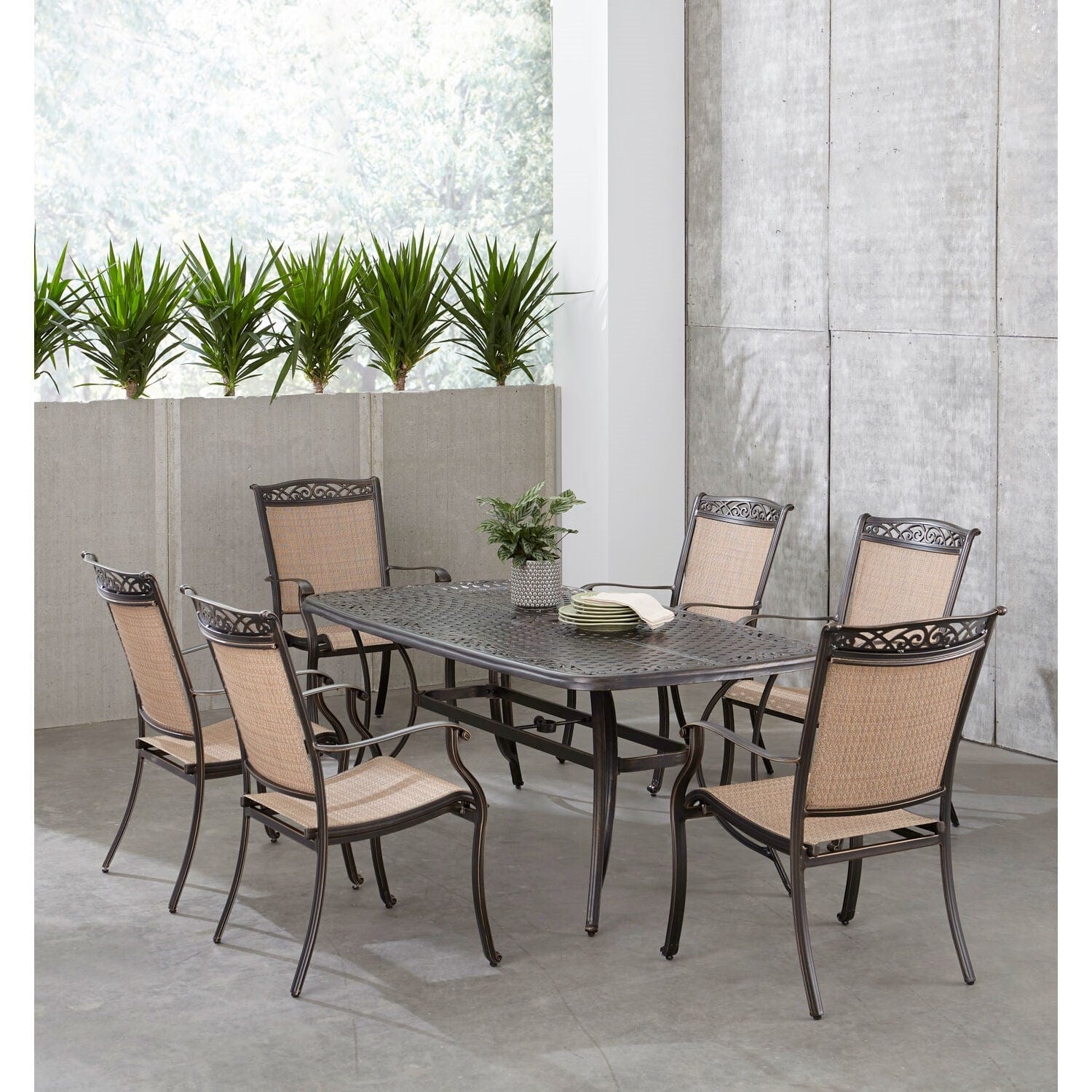 Hanover Outdoor Dining Set Hanover - Fontana 7 Piece Outdoor Dining Set with 6 Sling Chairs and a 38-In. x 72-In. Cast-Top Table | FNTDN7PCC