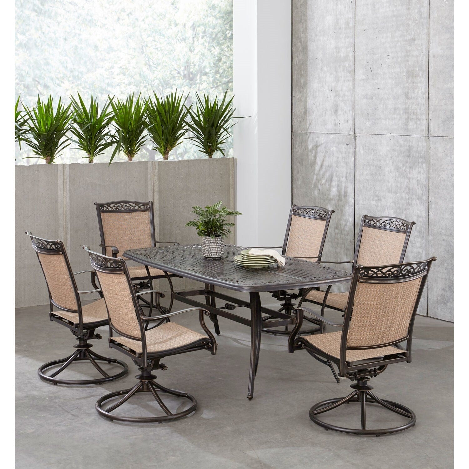 Hanover Outdoor Dining Set Hanover - Fontana 7 Piece Outdoor Dining Set with 6 Sling Swivel Rockers and a 38-In. x 72-In. Cast-Top Table | FNTDN7PCSWC