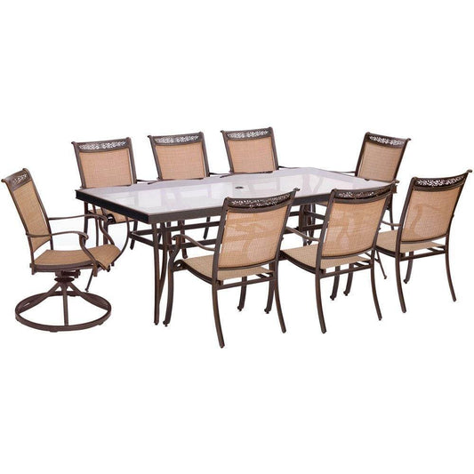 Hanover Outdoor Dining Set Hanover - Fontana 9-Piece Dining Set with Six Stationary Dining Chairs, Two Swivel Rockers, and an Extra-Large Glass-Top Dining Table