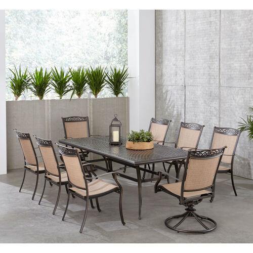 Hanover Outdoor Dining Set Hanover Fontana 9-Piece Outdoor Dining Set with 2 Sling Swivel Rockers, 6 Sling Chairs, and a 42-In. x 84-In. Cast-Top Table - FNTDN9PCSW2C