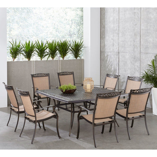 Hanover Outdoor Dining Set Hanover - Fontana 9-Piece Outdoor Dining Set with 8 Sling Chairs and a 60-In. Square Cast-Top Table | FNTDN9PCSQC