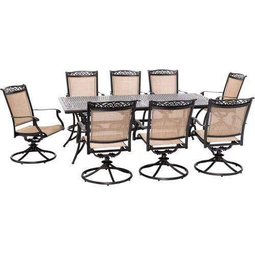 Hanover Outdoor Dining Set Hanover Fontana 9-Piece Outdoor Dining Set with 8 Sling Swivel Rockers and a 42-In. x 84-In. Cast-Top Table - FNTDN9PCSWC