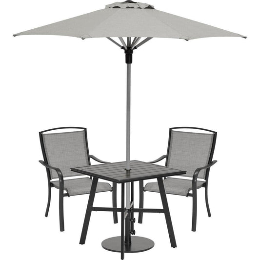 Hanover Outdoor Dining Set Hanover Foxhill 3-Piece Commercial-Grade Set with 2 Sling Dining Chairs, 30-in. Square Slat-Top Table, 7.5-ft. Umbrella and Base, FOXDN3PCS-G-SU