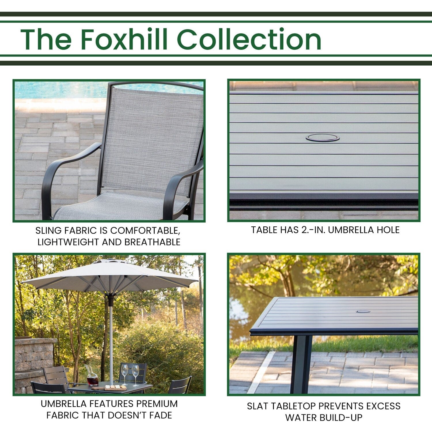 Hanover Outdoor Dining Set Hanover Foxhill 3-Piece Commercial-Grade Set with 2 Sling Dining Chairs, 30-in. Square Slat-Top Table, 7.5-ft. Umbrella and Base | FOXDN3PCS-G-SU