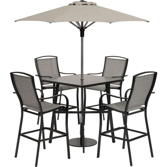 Hanover Outdoor Dining Set Hanover Foxhill 5-Piece Commercial-Grade Counter-Height Dining Set with 4 Sling Chairs and 42-in. Slat, 7.5-ft. Umbrella, and Stand, FOXDN5PCSBR-G-SU