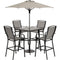 Hanover Outdoor Dining Set Hanover Foxhill 5-Piece Commercial-Grade Counter-Height Dining Set with 4 Sling Chairs and 42-in. Slat, 7.5-ft. Umbrella, and Stand, FOXDN5PCSBR-G-SU