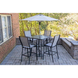 Hanover Outdoor Dining Set Hanover Foxhill 5-Piece Commercial-Grade Counter-Height Dining Set with 4 Sling Chairs and 42-in. Slat, 7.5-ft. Umbrella, and Stand | FOXDN5PCSBR-G-SU