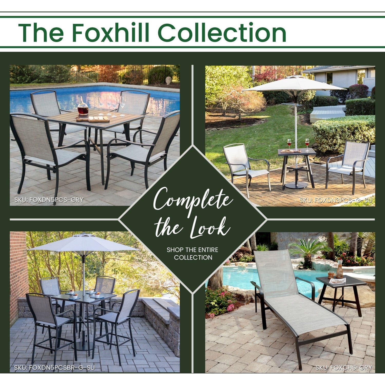 Hanover Outdoor Dining Set Hanover Foxhill 5-Piece Commercial-Grade Counter-Height Dining Set with 4 Sling Chairs and 42-in. Slat Table | FOXDN5PCSBR-GRY